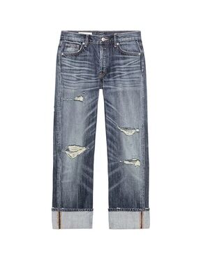 Zara Blue Mid Rise Ripped Straight Jeans